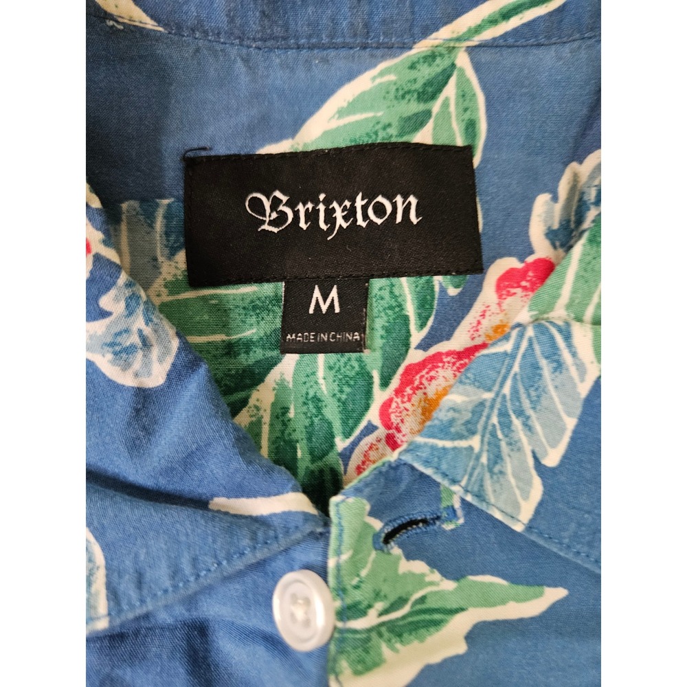 Brixton Button Up Shirt Mens Medium Blue Tropical Hibiscus Floral Short Sleeve - Picture 4 of 6